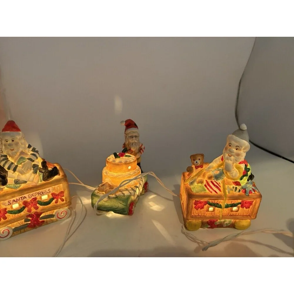 Vintage Santa Elf Christmas Lighted Train Set 5 Pc Ceramic Bisque w/ Box Works